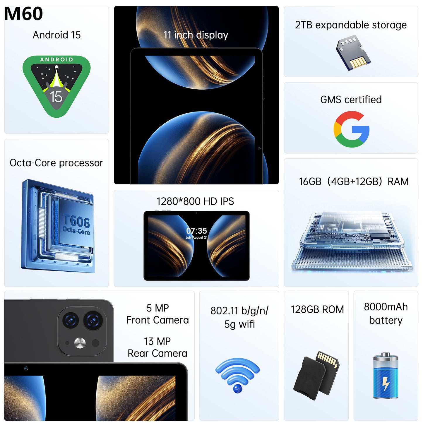 Ufree Streaming tablet M60/M80 11-inch /12- inch tablet with a keyboard, mouse, protective case, stylus, octa-core processor, 8000mAh battery, IPS high-definition display, and supports WiFi 5G dual-band Android 15 operating system