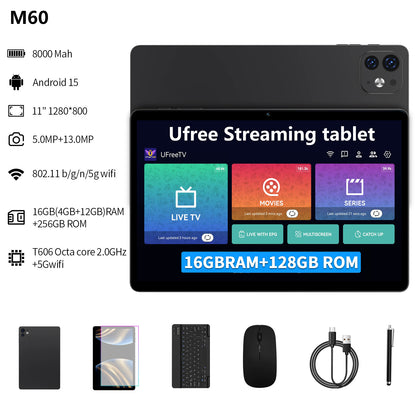 Ufree Streaming tablet M60/M80 11-inch /12- inch tablet  with a keyboard, mouse, protective case, stylus, octa-core processor, 8000mAh battery,  IPS high-definition display, and supports WiFi 5G dual-band  Android 15 operating system