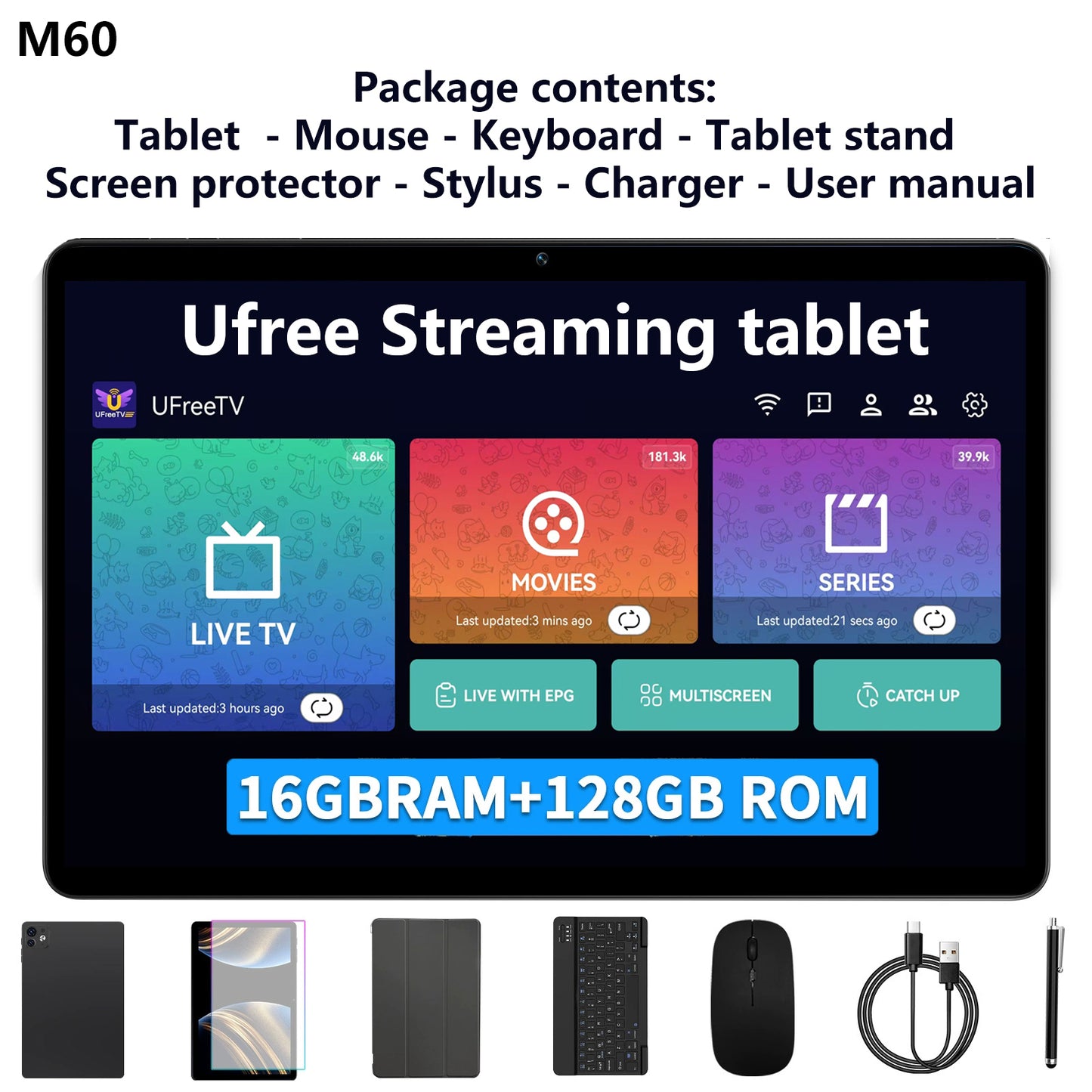 Ufree Streaming tablet M60/M80 11-inch /12- inch tablet  with a keyboard, mouse, protective case, stylus, octa-core processor, 8000mAh battery,  IPS high-definition display, and supports WiFi 5G dual-band  Android 15 operating system