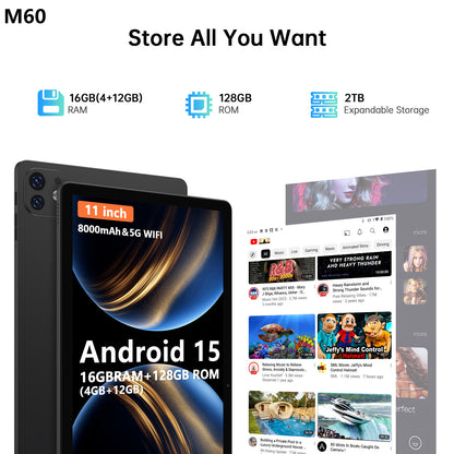 Ufree Streaming tablet M60/M80 11-inch /12- inch tablet  with a keyboard, mouse, protective case, stylus, octa-core processor, 8000mAh battery,  IPS high-definition display, and supports WiFi 5G dual-band  Android 15 operating system