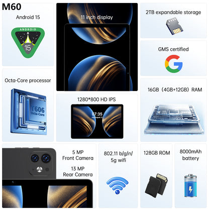 Ufree Streaming tablet M60/M80 11-inch /12- inch tablet  with a keyboard, mouse, protective case, stylus, octa-core processor, 8000mAh battery,  IPS high-definition display, and supports WiFi 5G dual-band  Android 15 operating system